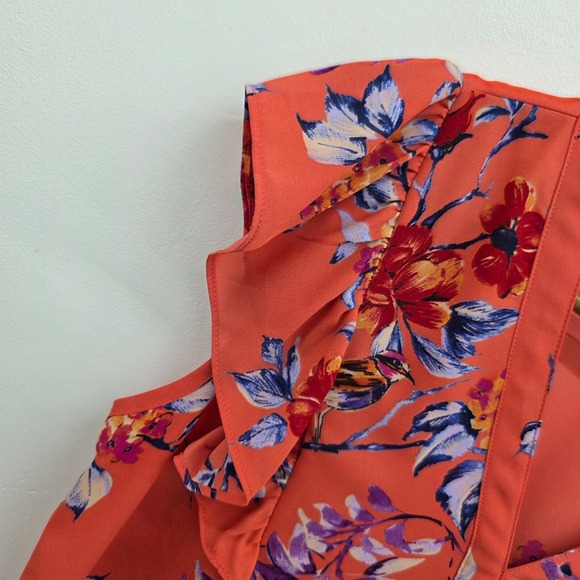Womens M Coral Floral Ruffle Sleeve Blouse V-Neck Lightweight Boho‎ Top - Picture 7 of 13